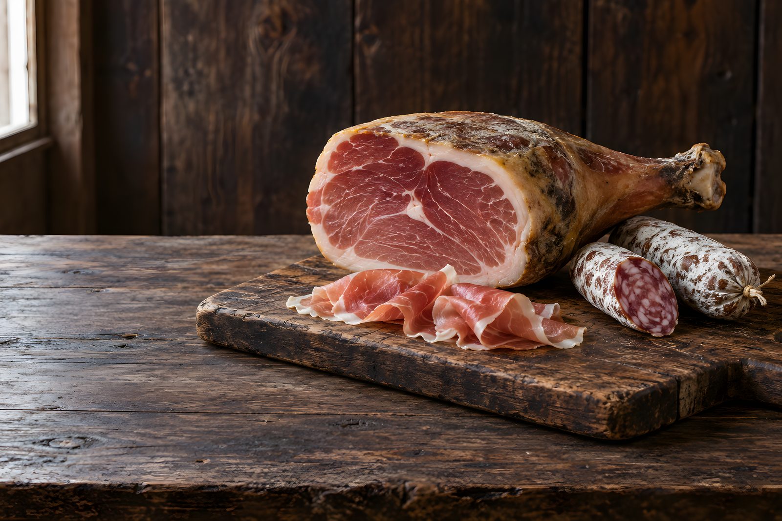 Prosciutto mit Anschnitt auf einem alten Holzbrett, davor dünne Scheiben, daneben zwei Salami mit weißer Edelschimmelhaut