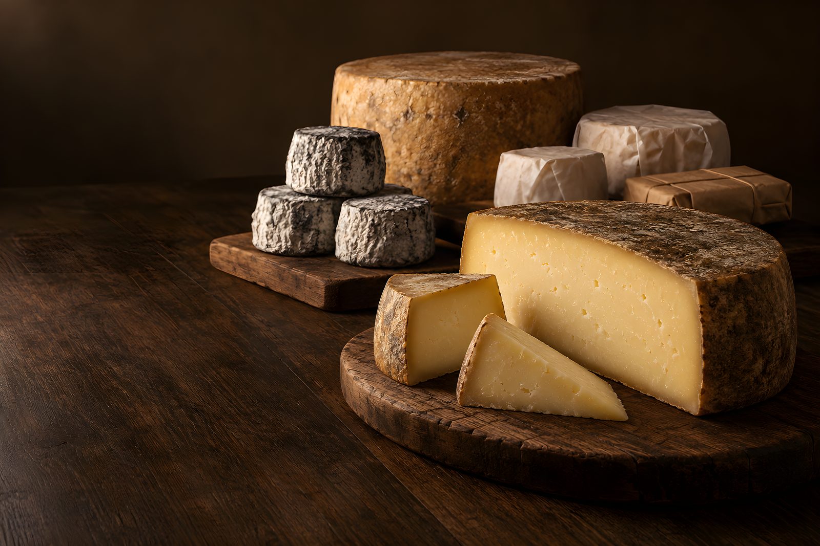 Lange dunkle Holztheke mit einem halbierten Comté, einer kleinen Pyramide aus Ziegenkäse mit Ascherinde und einem großen Bergkäse im Hintergrund