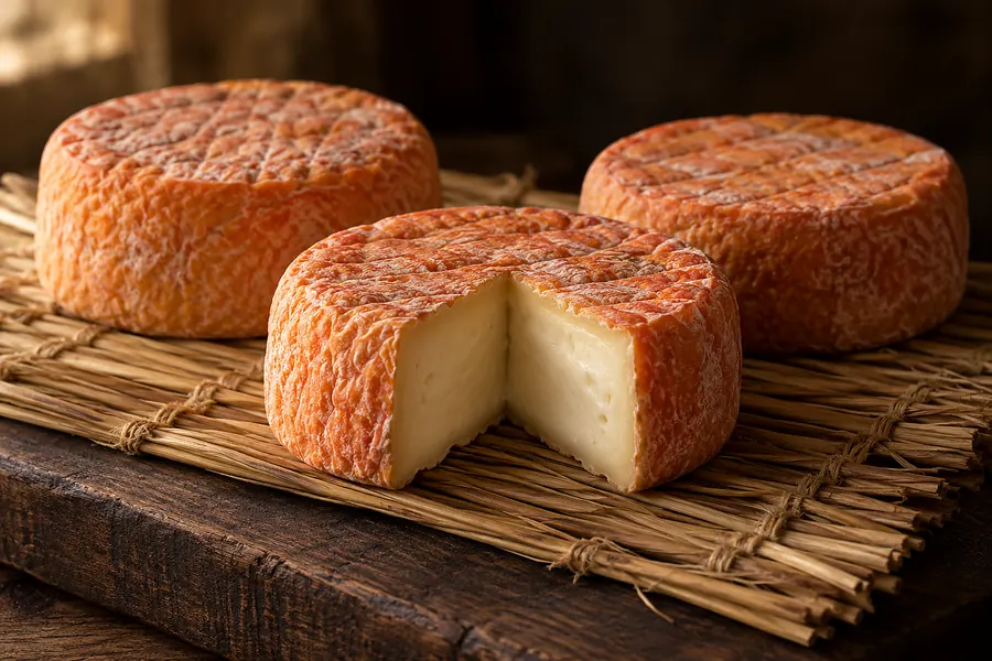 Drei kleine Weichkäse mit orangeroter Rinde auf einer Strohmatte, aus einem ist ein Stück herausgeschnitten