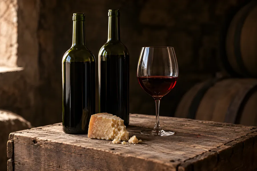 Zwei dunkle Weinflaschen ohne Etikett und ein Glas Rotwein auf einer alten Holzkiste, davor ein Stück Hartkäse