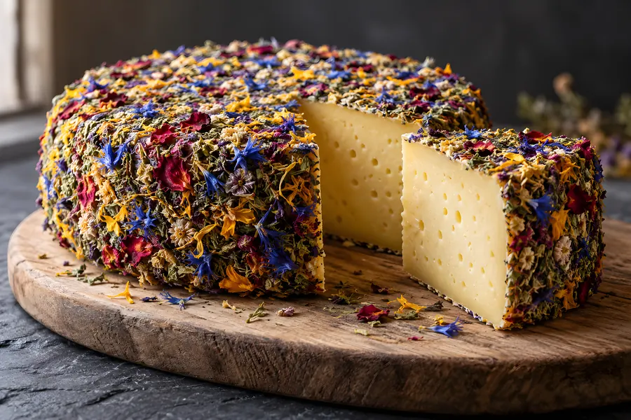 Laib Bergkäse mit einer Rinde aus getrockneten Wildblüten, ein Stück herausgeschnitten